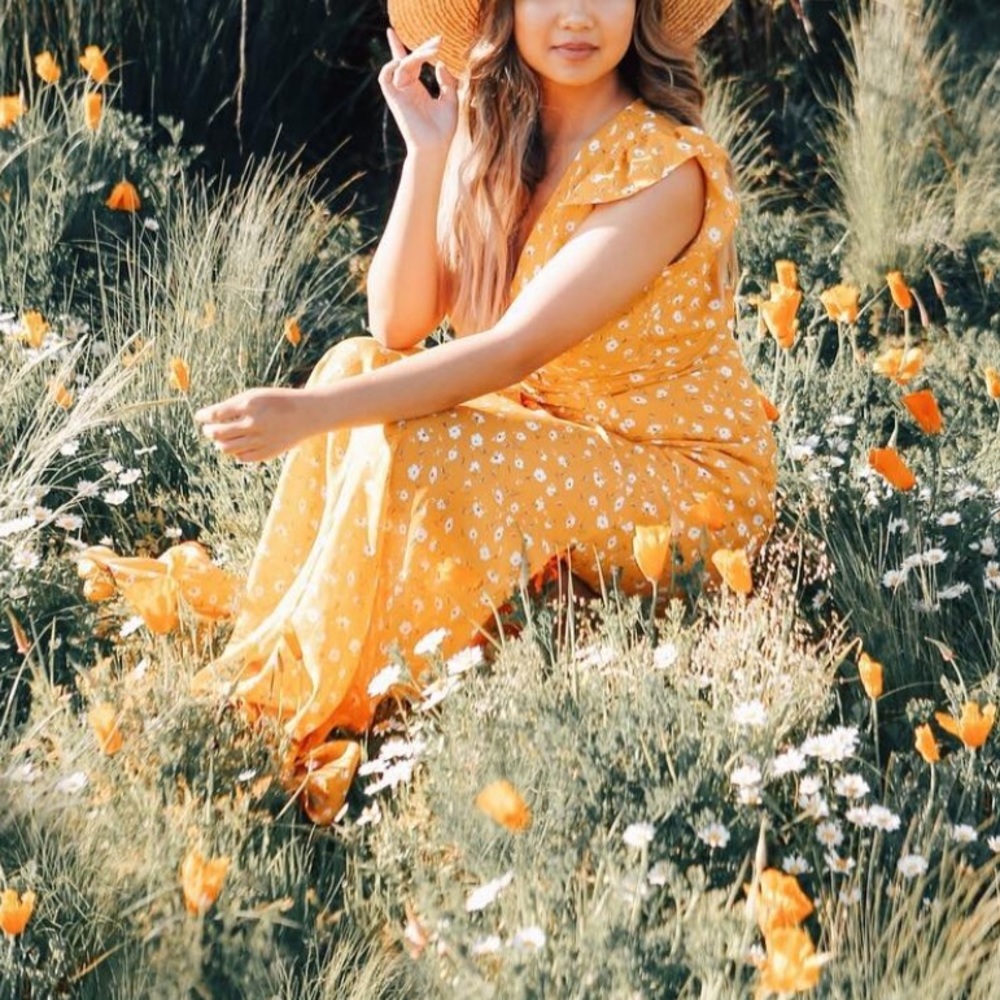 Mustard, yellow maxi dress with white flowers